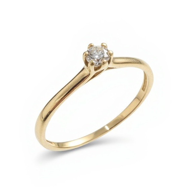 Schlichte goldene Verlobungsring mit einem zentralen funkelnden Diamanten.