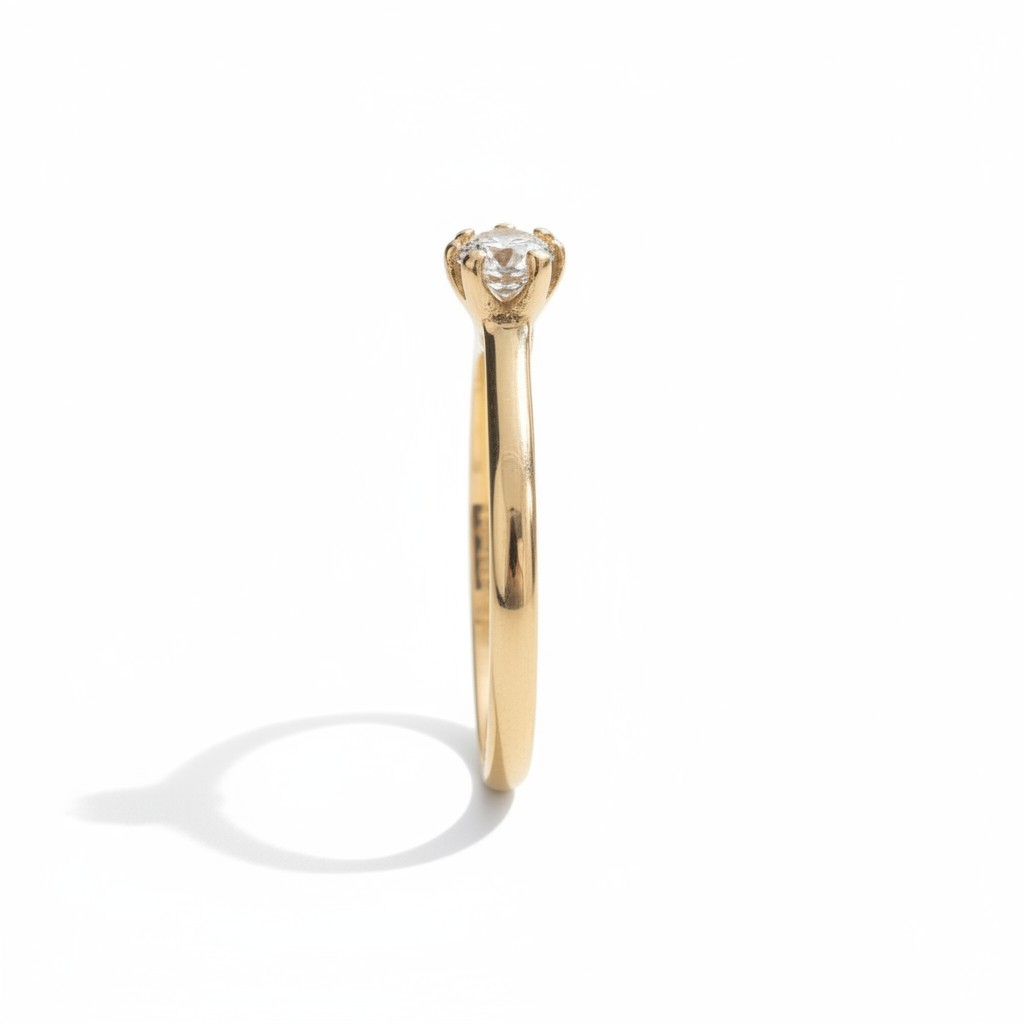 Schmaler Goldring mit einem einzelnen, funkelnden Diamanten oben.